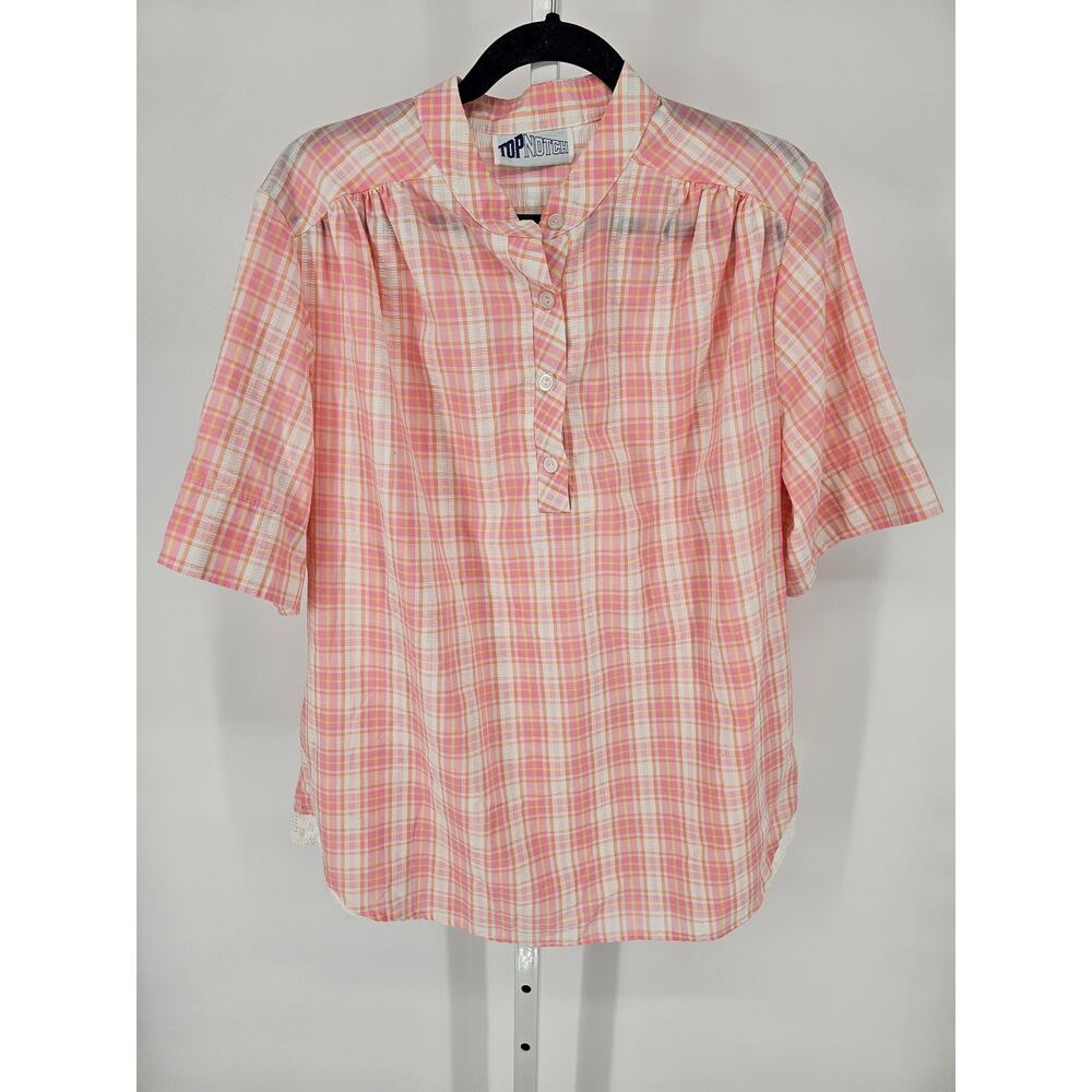 Top Notch Women's Pink & White Plaid Short Sleeve Button Front Blouse Size XL